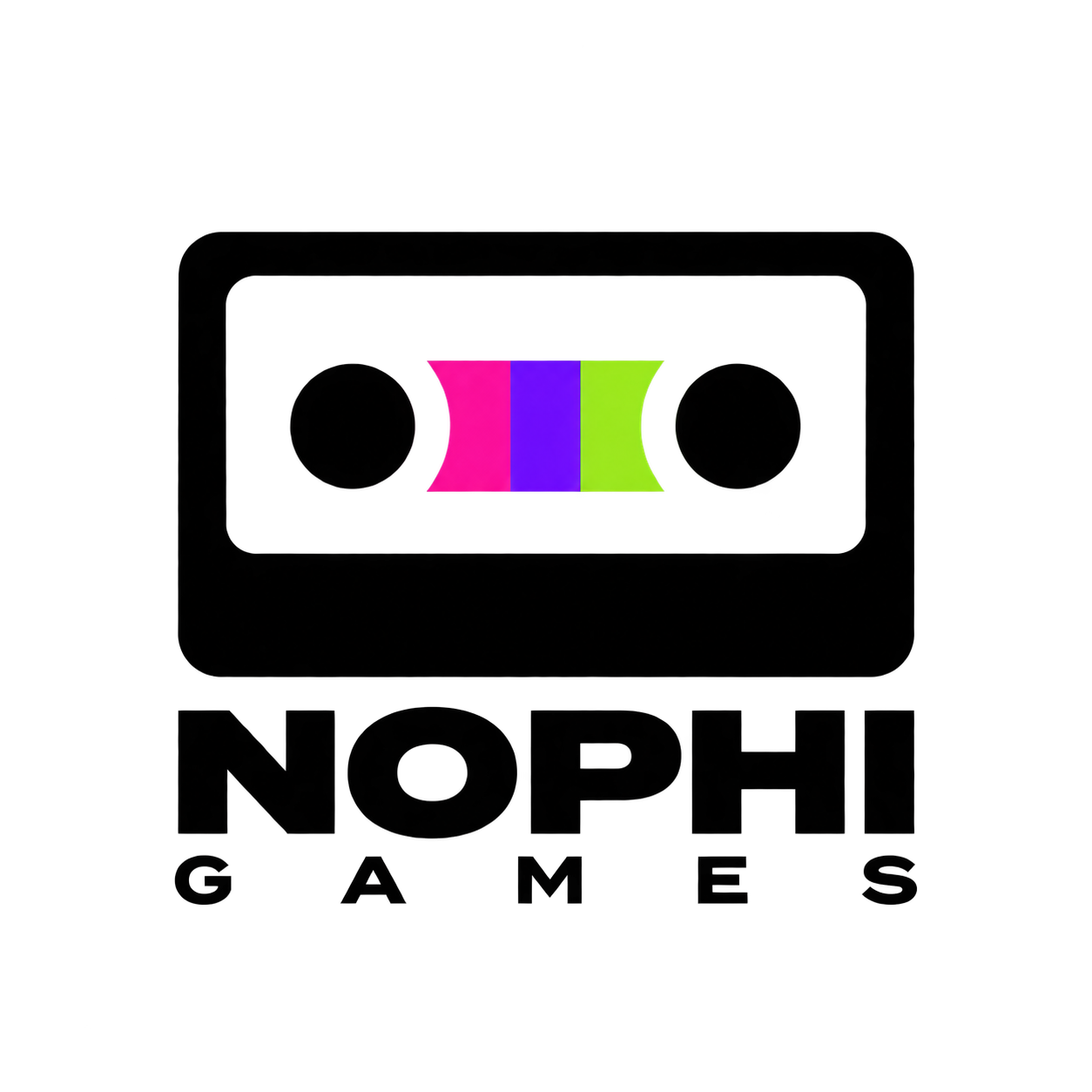 Nophi Games — cassette logo with pink, purple and lime stripes